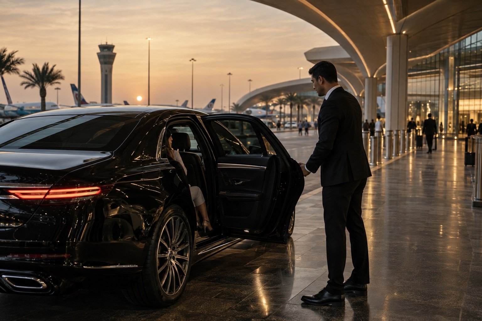 Chauffeur opening the door of a black sedan at a premium airport terminal