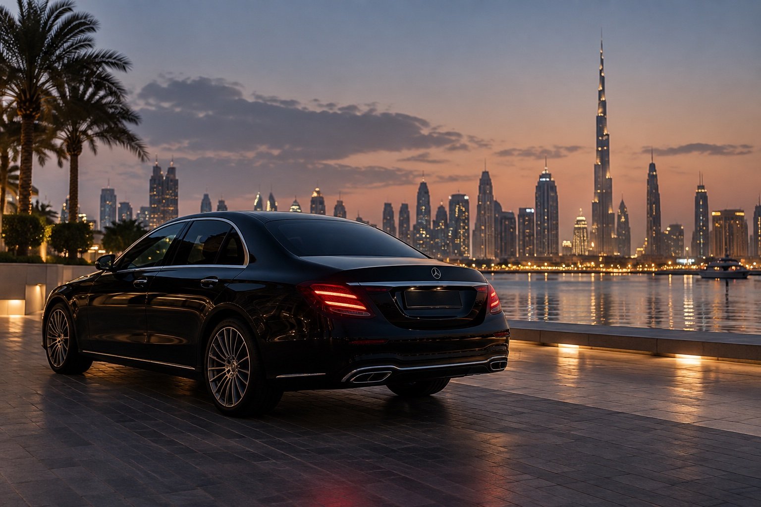 Black luxury sedan overlooking the Dubai skyline at blue hour