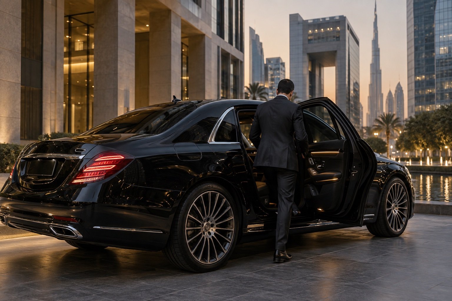 Executive entering a black sedan outside modern Dubai business architecture