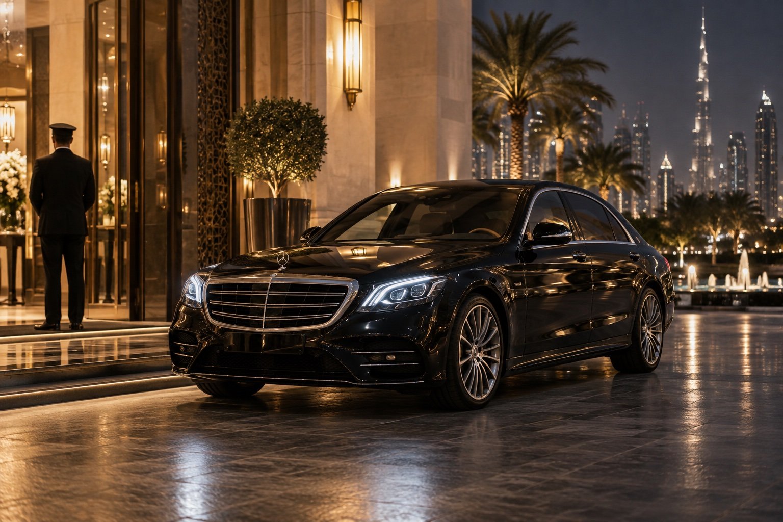 Luxury sedan arriving at a warmly lit hotel event entrance
