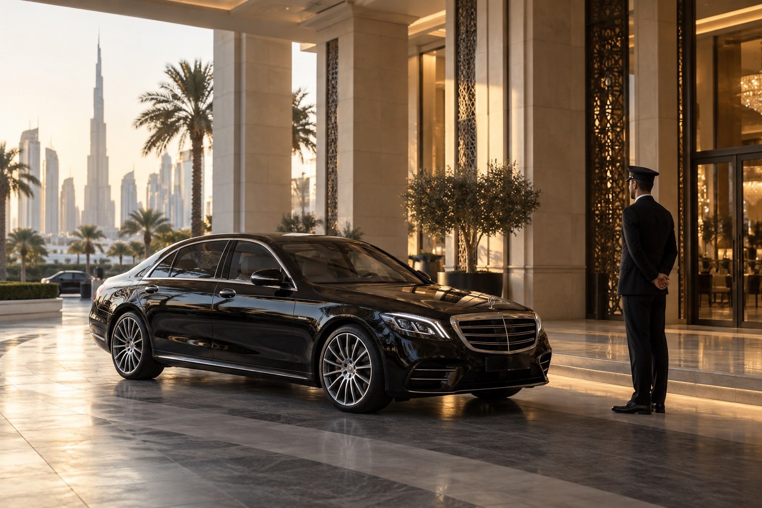 Professional chauffeur waiting beside a sedan at a Dubai hotel