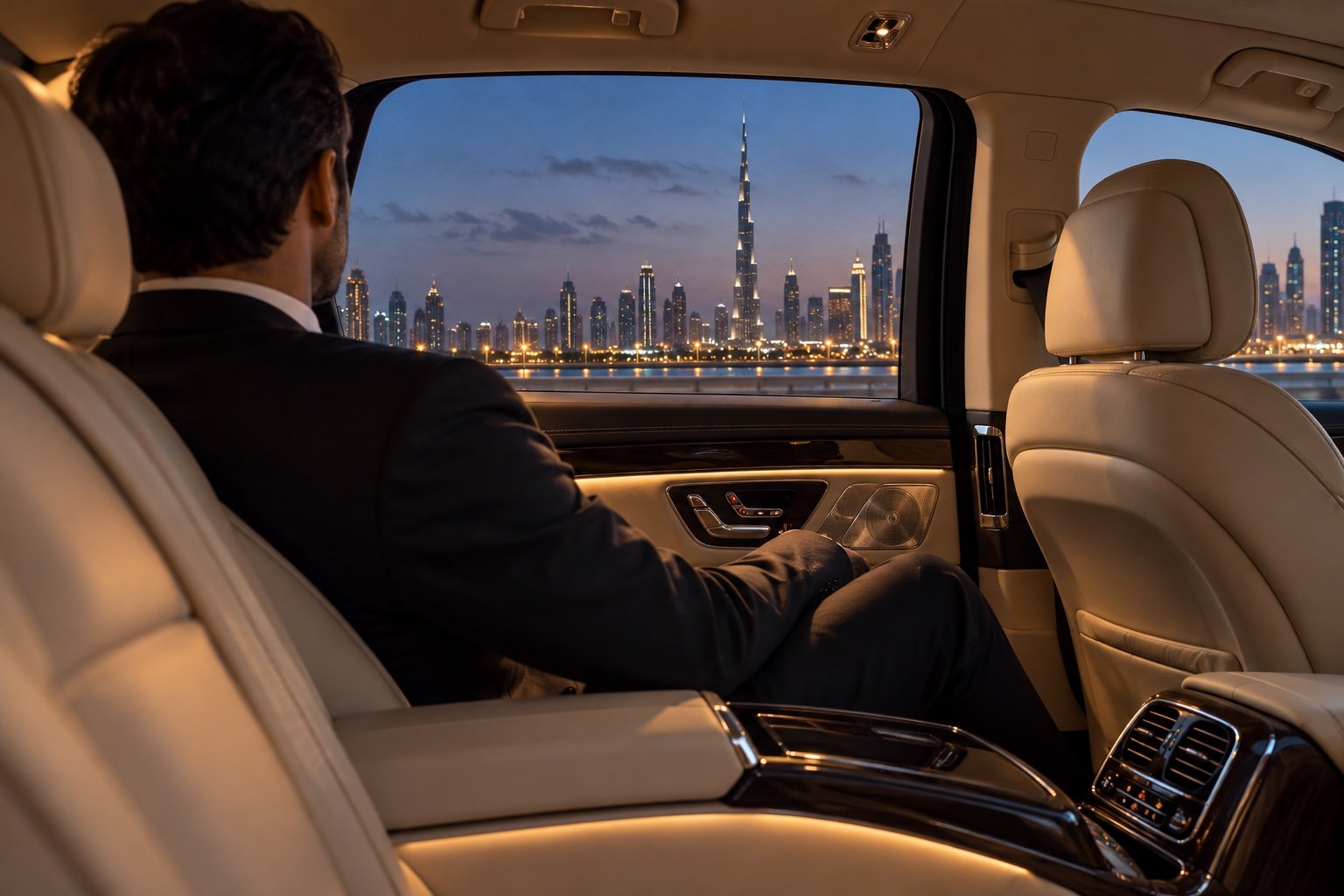 Executive relaxing in a cream leather limousine cabin with Dubai's skyline outside