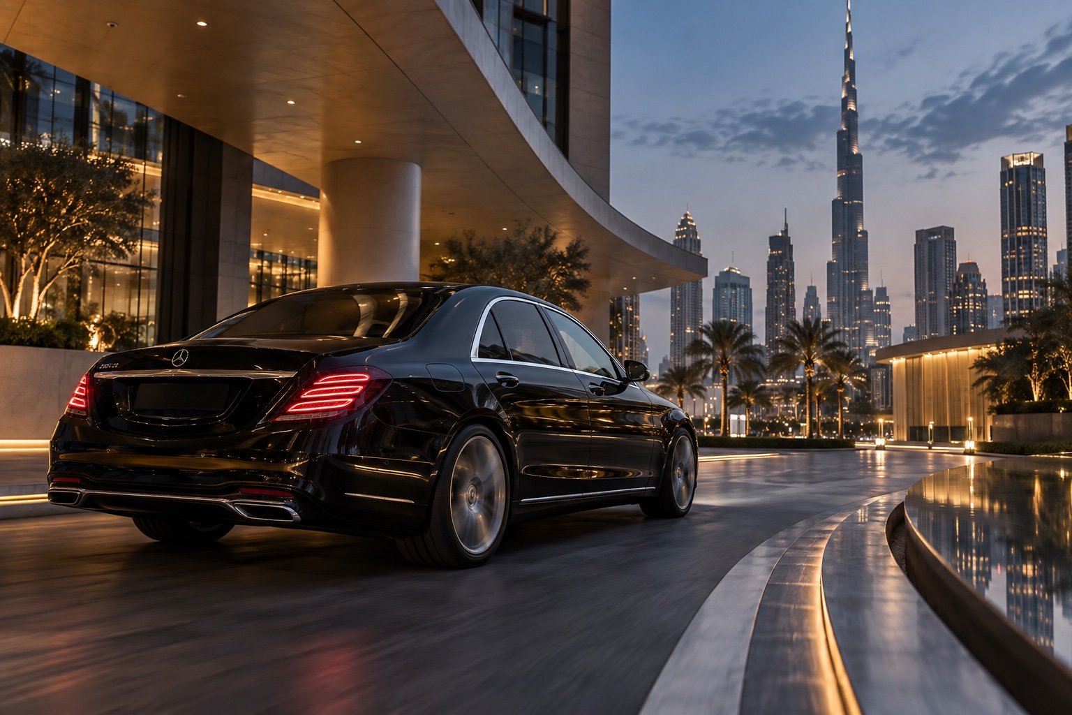 Black sedan travelling through contemporary Dubai architecture